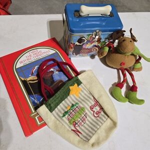 Lot Of Christmas Tin, Storybook, Mini Tote, And Moose
